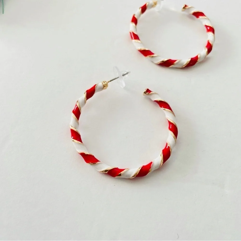 Candy cane stripe hoop earrings holiday red white NEW